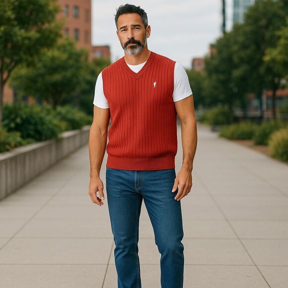 Fairway Outfitters Mens Large Sweater Vest Rust Cotton Cable Knit Golf Pullover - Picture 1 of 8